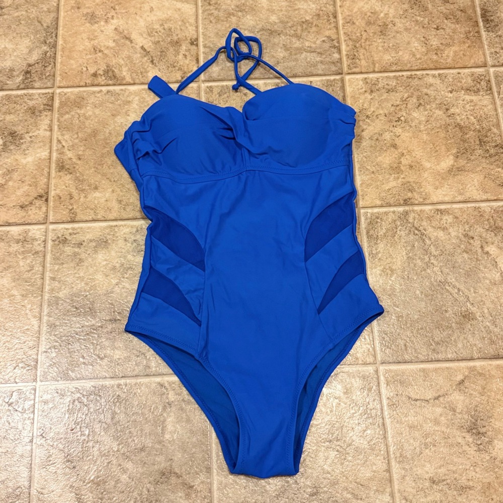 Blue One Piece‎ Swimsuit Mesh Sides Halter Neck Plunging Neckline Women Size M